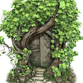 Enchanted Wooden Door Surrounded By Tree Roots Green Vines And Stone Steps