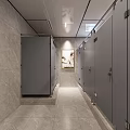 Modern Minimalist Public Toilet Interior With Marble Tiles Urinals Partition Stalls And Elegant Wall Art