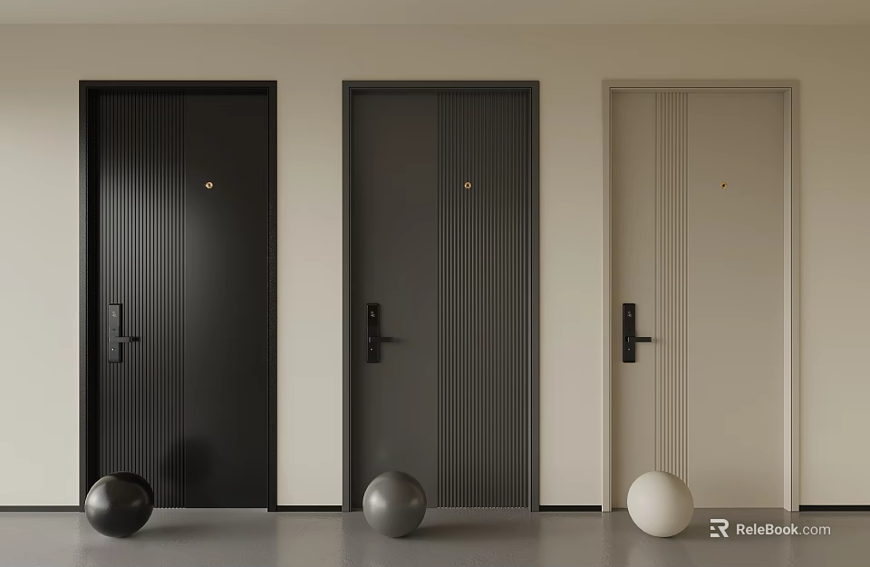 Modern Hinged Doors In Black Gray And Beige With Vertical Stripes And Black Handles 3d model 