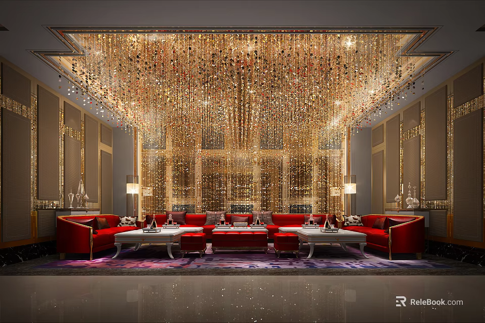Luxury KTV Lounge With Red Sofas Crystal Chandelier And Modern Decor 3d model 