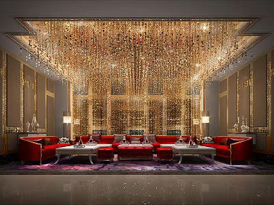 Luxury KTV Lounge With Red Sofas Crystal Chandelier And Modern Decor 3d model