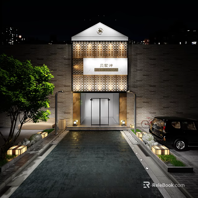 Modern Storefront Entrance With Brick Wall Glass Doors Water Feature And Nighttime Lighting 3d model 