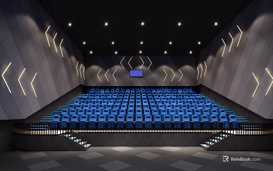Modern Cinema Interior With Blue Seats Screen And Decorative Lighting 3d model 