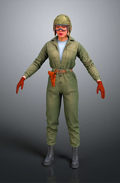 Man Pilot In Green Flight Suit With Red Gloves And Helmet 3d model
