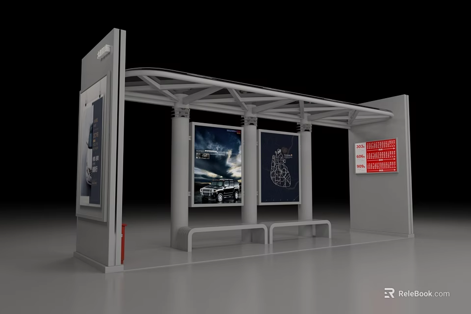 Modern Bus Stop Structure With Canopy Advertising Boards Benches And Information Signs 3d model 