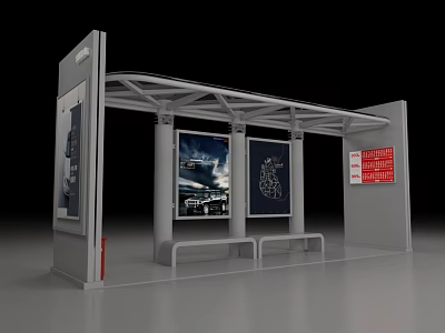 Modern Bus Stop Structure With Canopy Advertising Boards Benches And Information Signs 3d model