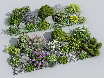 Colorful Garden Landscape With Various Flowers Green Shrubs Stones And Gravel 3d model