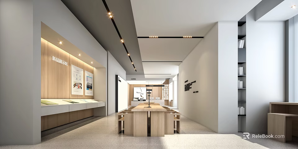 Modern Café Interior Design With Open Space Wooden Long Table Cozy Seating And Warm Lighting 3d model 