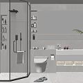 Modern Bathroom Interior With Glass Shower Vanity Toilet Shelves And Window Blinds