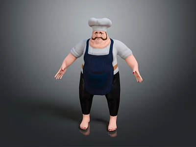 Cartoon Chef Character Featuring White Shirt Blue Apron Chef Hat Mustache Chubby Build And Barefoot 3d model