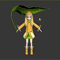 Little Girl In Yellow Raincoat And Hat Holding Large Green Leaf Umbrella With Bell