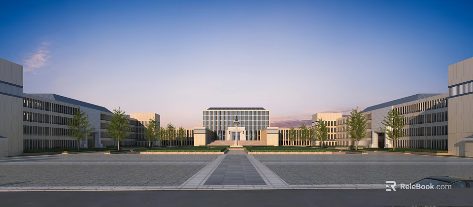 Modern School Building With Symmetrical Design Glass Facade Front Plaza And Spacious Trees 3d model 