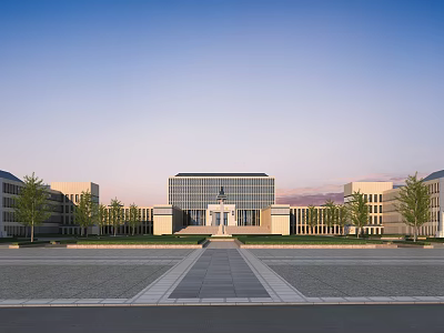 Modern School Building With Symmetrical Design Glass Facade Front Plaza And Spacious Trees 3d model