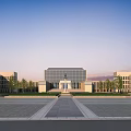 Modern School Building With Symmetrical Design Glass Facade Front Plaza And Spacious Trees