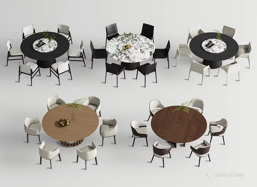 Round Dining Table And Chair Sets With Various Colors Wooden Tops And Decorative Plants 3d model 