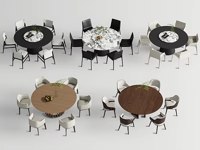 Round Dining Table And Chair Sets With Various Colors Wooden Tops And Decorative Plants 3d model