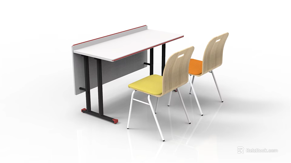 Mobile Conference Table White Tabletop Red Edge With Two Chairs Yellow Orange Seats 3d model 