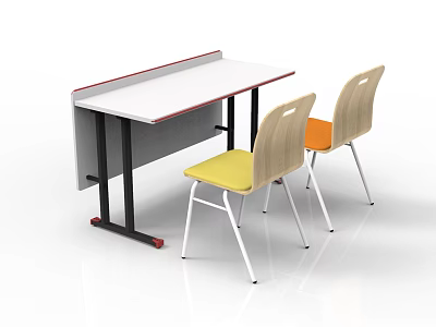 Mobile Conference Table White Tabletop Red Edge With Two Chairs Yellow Orange Seats 3d model