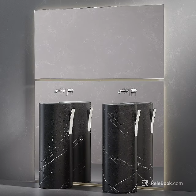 Modern Black Marble Washbasins With Silver Faucets On Grey Wall Background 3d model 
