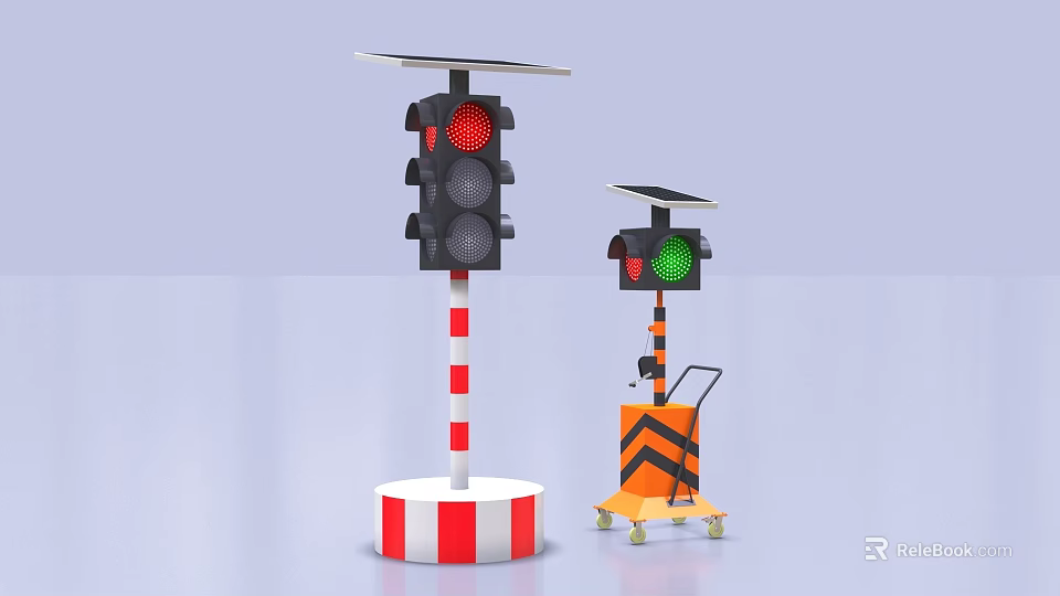 Solar Powered Traffic Lights With Fixed Red White Base And Mobile Orange Cart Green Light 3d model 