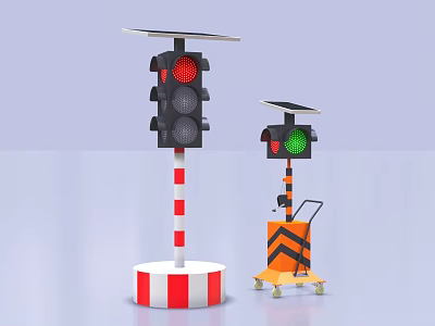 Solar Powered Traffic Lights With Fixed Red White Base And Mobile Orange Cart Green Light 3d model