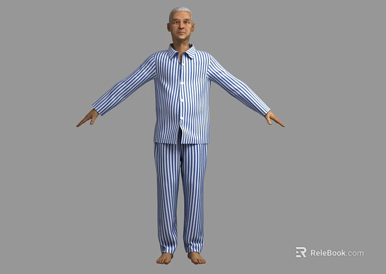 Man In Blue And White Striped Pajamas With Arms Outstretched Barefoot Standing Against Gray Background 3d model 