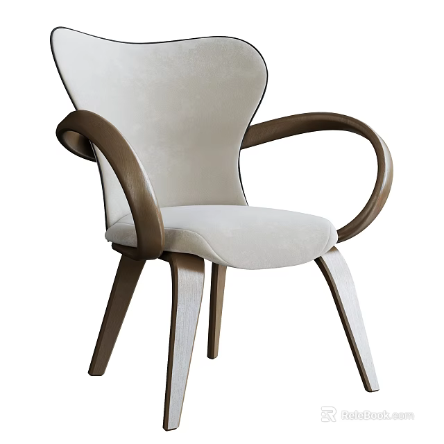 Modern Beige Upholstered Leisure Chair With Curved Wooden Armrests And Tapered Legs 3d model 