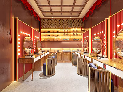 Chinese Style Dressing Room With Red Decor Mirrors And Vanities 3d model