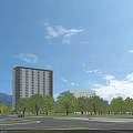 Modern High Rise Residential Building With Gray And White Exterior Surrounded By Trees And Mountains