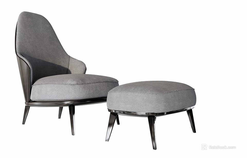 Modern Gray Upholstered Armchair With Matching Ottoman And Dark Legs Design 3d model 