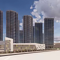 Modern High Rise Residential Buildings With Green Areas And Wide Roads Under Blue Sky
