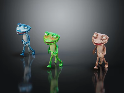 Colorful Blue Green Brown Cartoon Frog Characters Standing On Dark Reflective Background 3d model