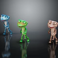 Colorful Blue Green Brown Cartoon Frog Characters Standing On Dark Reflective Background