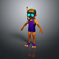 Cartoon Character In Purple Wetsuit With Diving Mask And Underwater Weapon Gear