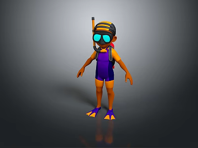Cartoon Character In Purple Wetsuit With Diving Mask And Underwater Weapon Gear 3d model