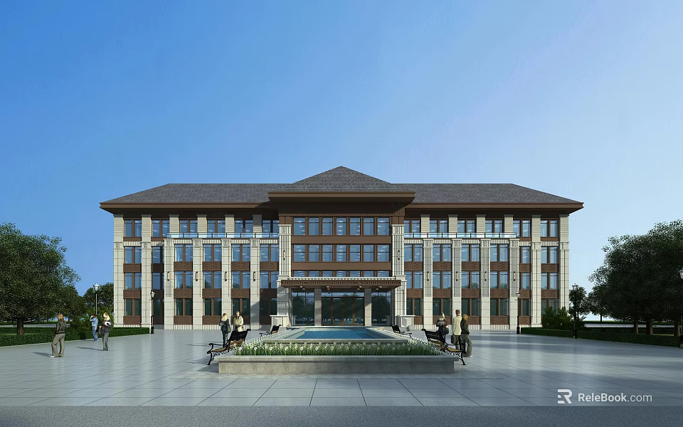 Modern Multi Story Office Building Exterior With Large Glass Windows Central Entrance And Plaza 3d model 