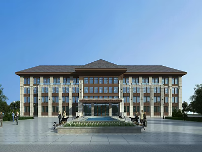 Modern Multi Story Office Building Exterior With Large Glass Windows Central Entrance And Plaza 3d model