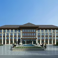 Modern Multi Story Office Building Exterior With Large Glass Windows Central Entrance And Plaza