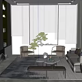 Modern Lounge Area Interior With Large Windows Sofa Coffee Table Plant Rug And Bookshelf