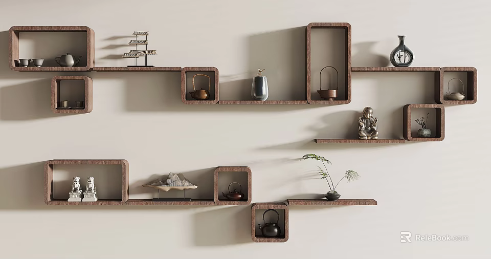 Wooden Wall Cabinets With Decorative Ship Models Vases And Small Sculptures 3d model 
