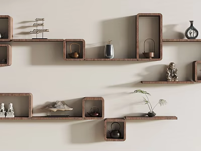 Wooden Wall Cabinets With Decorative Ship Models Vases And Small Sculptures 3d model