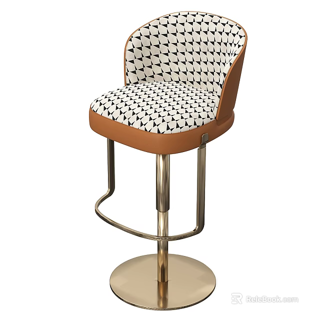 Stylish Bar Stool With Black White Geometric Pattern Brown Leather Trim And Metal Base 3d model 