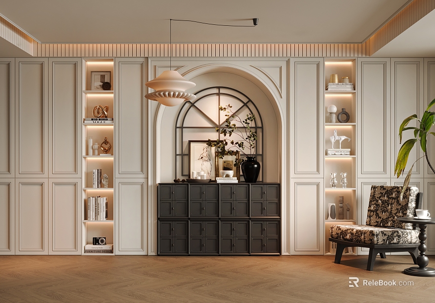 French Style Casual Study Whole Wall Bookcase Display Cabinet Fireplace Leisure Room Study TV Wall texture