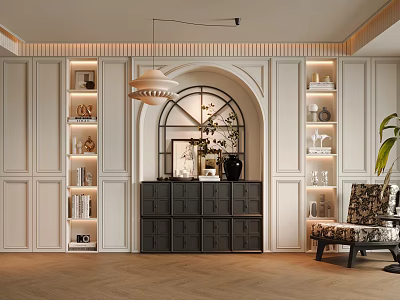 Elegant Study Room Interior With Arched Window Black Cabinet Bookshelves And Pendant Light 3d model