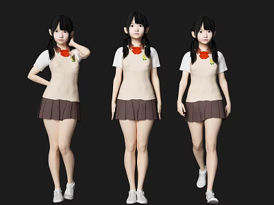 Three Women Wearing Beige Tops Brown Skirts Red Scarves White Shoes In Standing Walking Poses 3d model
