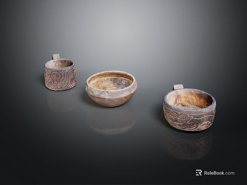 Three Carved Pattern Ceramic Cups Placed On Dark Background With Reflections 3d model 