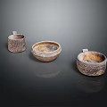 Three Carved Pattern Ceramic Cups Placed On Dark Background With Reflections