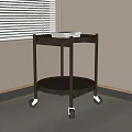 Modern Round Dark Wood Side Table With Two Tier Shelves And Wheels