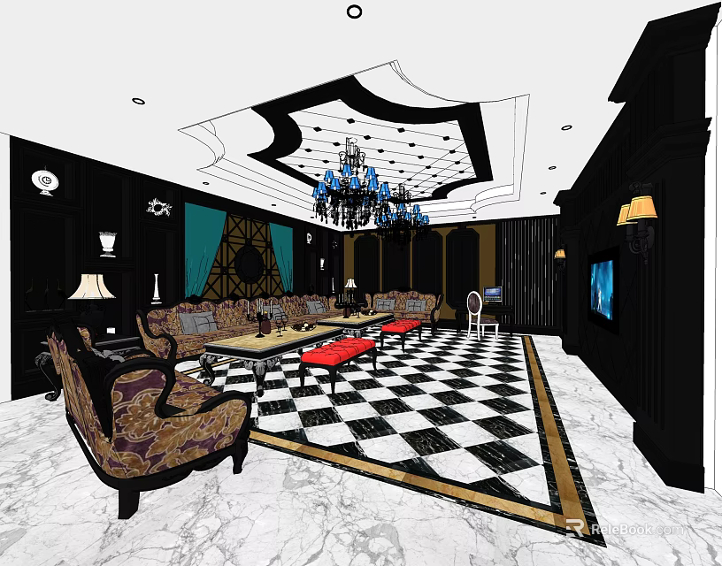 Luxurious KTV Lounge Interior With Chandelier Sofas TV And Checkered Floor Design 3d model 