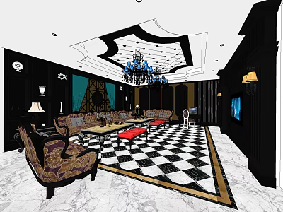 Luxurious KTV Lounge Interior With Chandelier Sofas TV And Checkered Floor Design 3d model